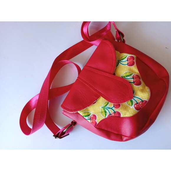 Handmade Cross Body Bag Red Faux Leather w/ Yellow & Cherry Retro Cotton - Picture 2 of 15